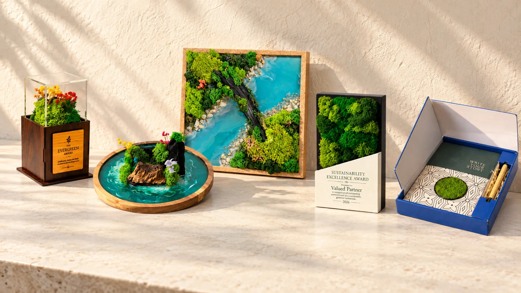 Five pieces made with preserved plants on a stone ledge: an acrylic award, a tray with a resin pond, a framed river of resin, a moss award and a diary box with a moss disc