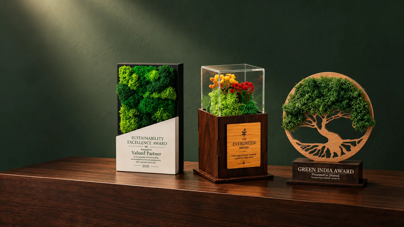 Three awards with real preserved plants on a walnut plinth: a moss award, an acrylic award with flowers and a tree award
