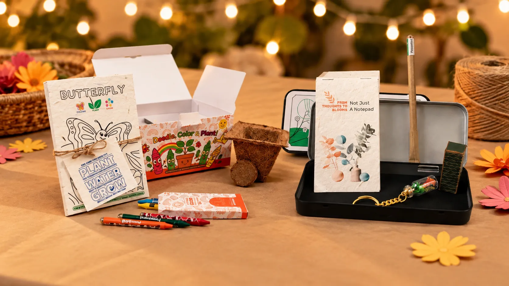 A colour and bloom grow kit and a plantable pocket tin giveaway on a party table with kraft paper and string lights