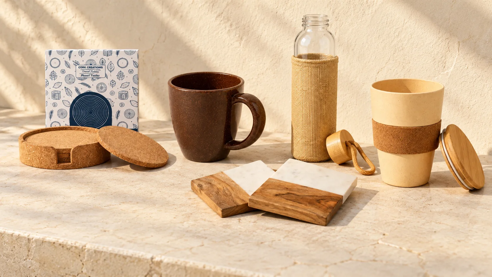 Five pieces for the table on a stone ledge: cork coasters in a holder, a coffee fibre mug, a bottle in a jute sleeve, marble and wood coasters and a wheat husk mug