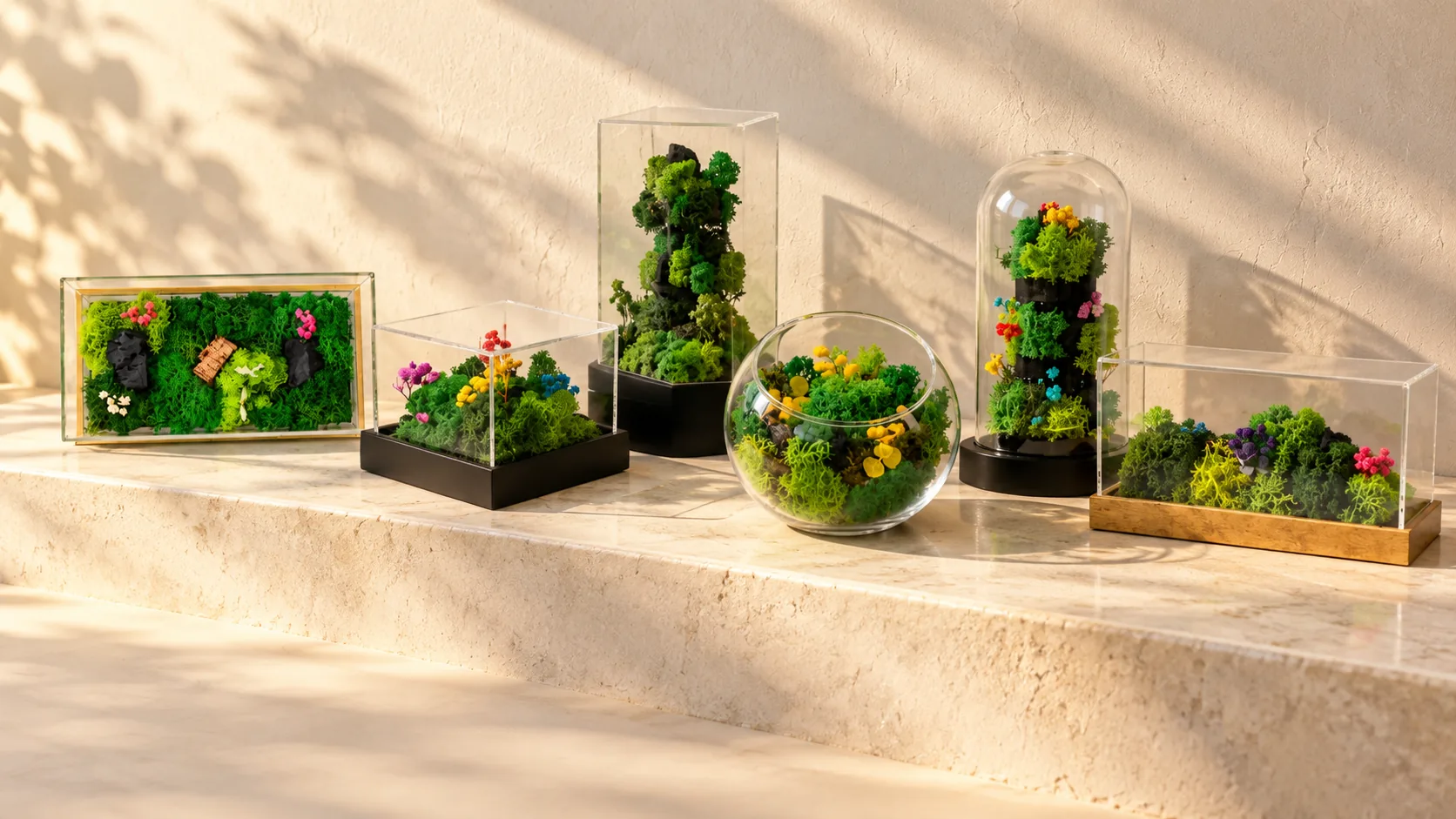 Six terrariums of preserved plants on a stone ledge: flat, cube, tall, glass bowl, glass dome and long acrylic