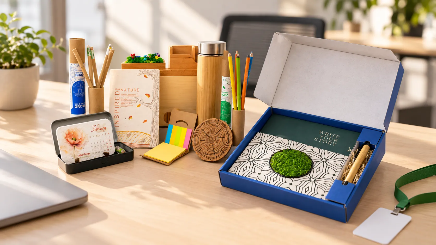 A desk welcome kit and a Forever Forest diary and bamboo pen box on a birch office desk, with a blank lanyard