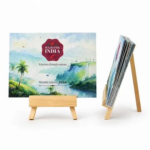 Plantable calendar on a wooden easel, landscape