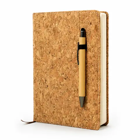 Cork-covered diary with the bamboo pen included in this format