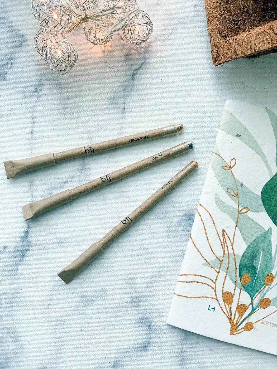 A bīj seed pen on its kraft card
