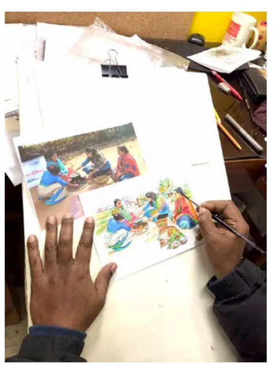 The same sketch being painted in watercolour