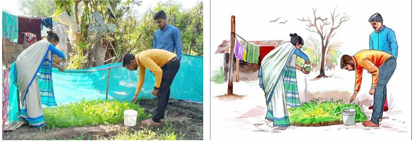 A woman watering a kitchen garden beside a man bending to it, and the same scene painted