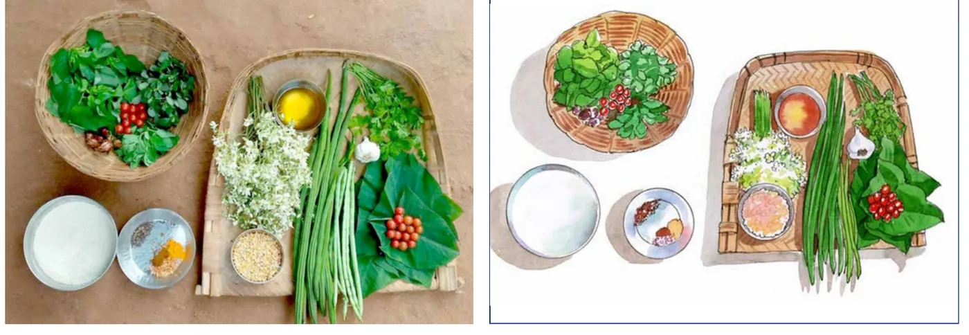 Baskets of greens, tomatoes, eggs and grain seen from above, and the same arrangement painted