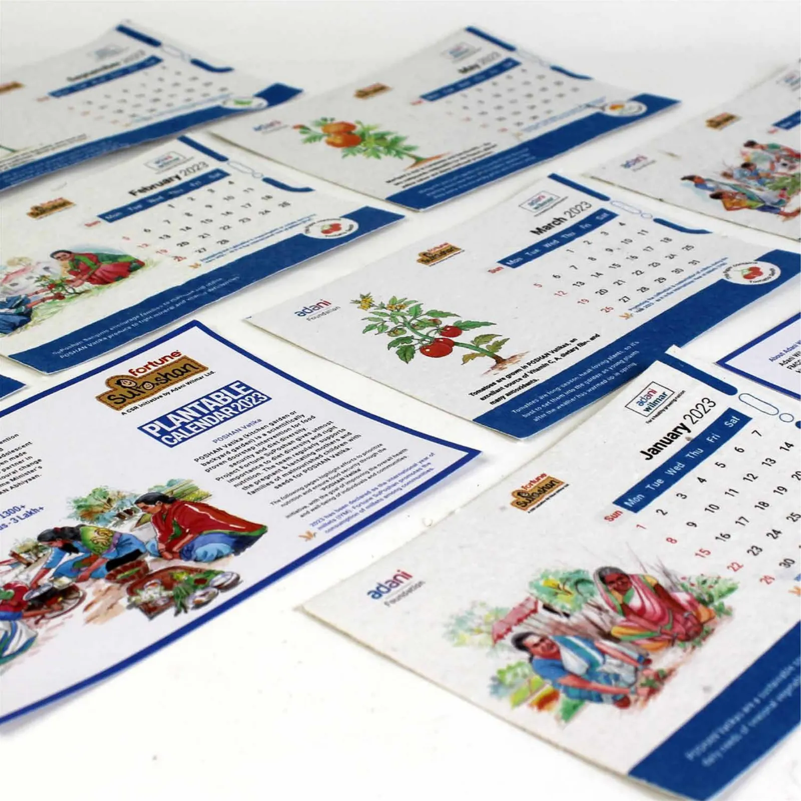 A spread of seed-paper calendar pages, each with a watercolour painting of women farming and cooking, in Adani Foundation's blue