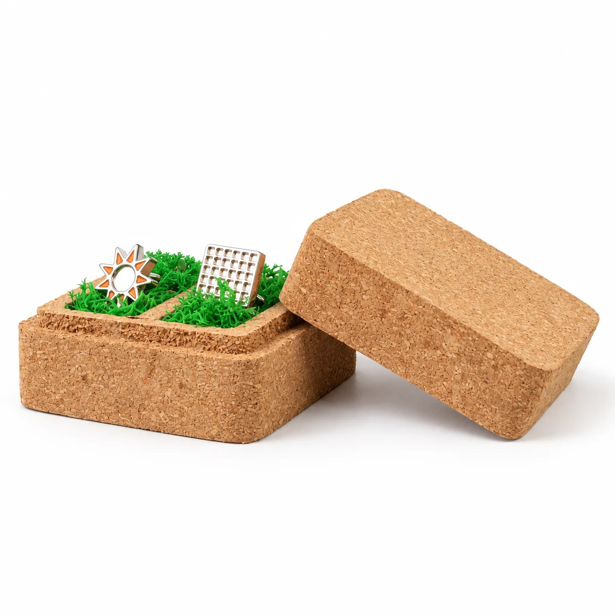Open cork box with its removable lid beside it and a separate place for each cufflink