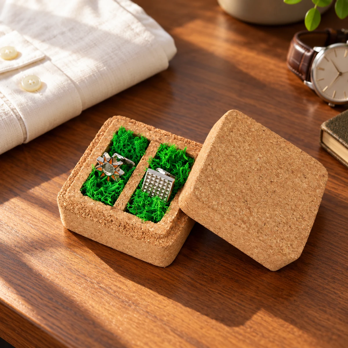 Styled view of the cork cufflink box on a table beside a shirt and watch