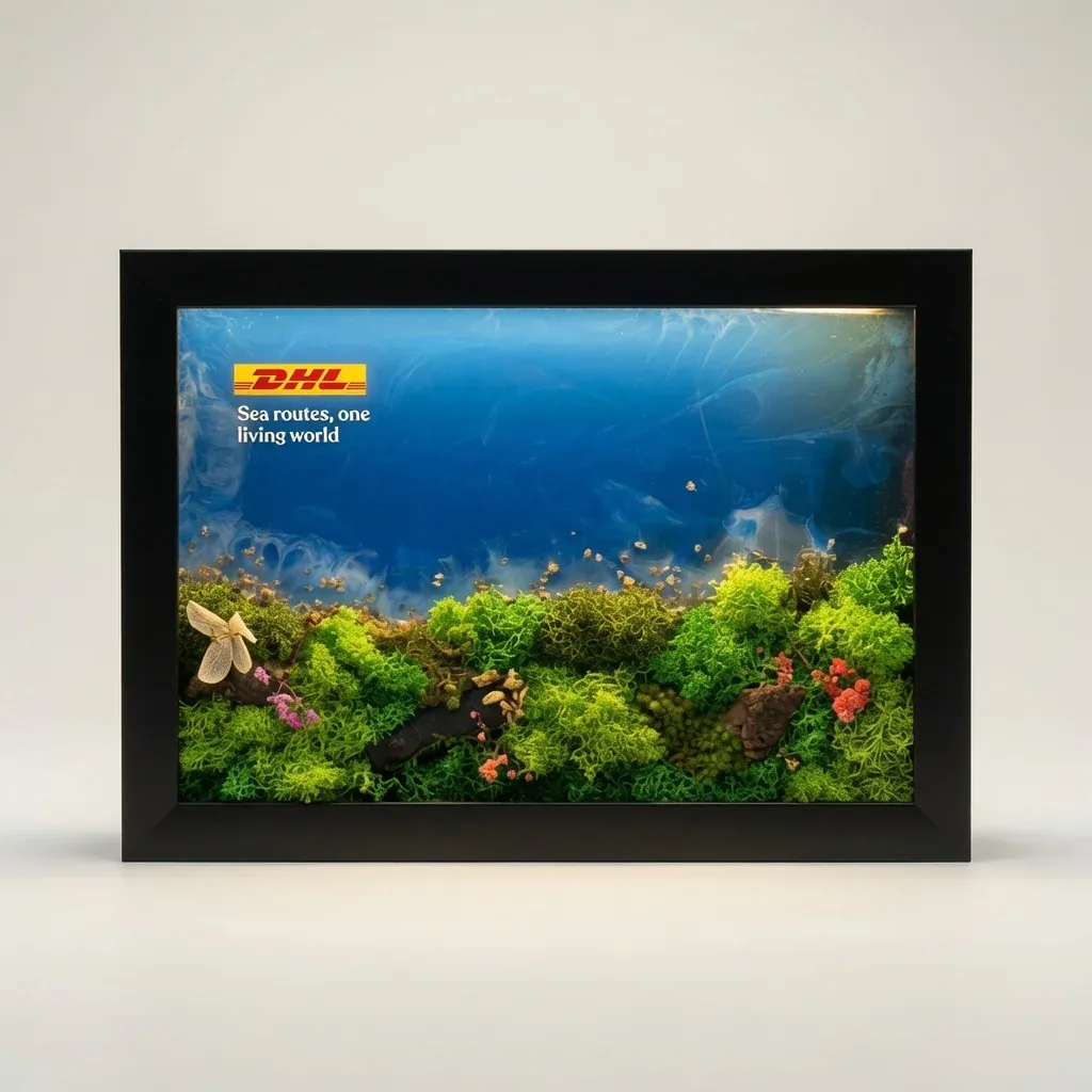 A lit frame with the client’s mark on a yellow sky above an undersea scene of moss