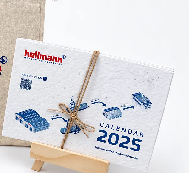 The calendar on its easel, with a photograph and the mark