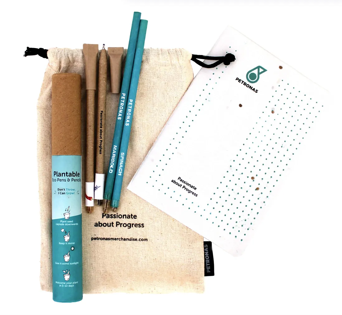 A plantable kit: pen and pencils in a kraft tube, a seed-paper notepad and a cotton drawstring bag in teal