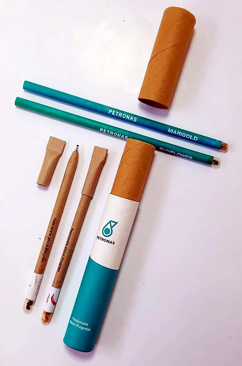 A plantable pen and pencil set in a printed kraft tube