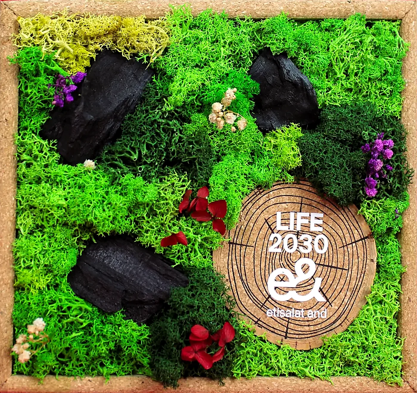 One of the 700 frames, straight on: a cork-edged panel of preserved reindeer moss in three greens with dark bark and dried flowers, built around the round LIFE 2030 medallion set into a cork disc