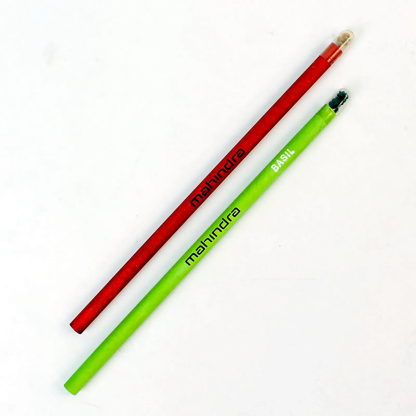 A red and a green seed pencil with the wordmark