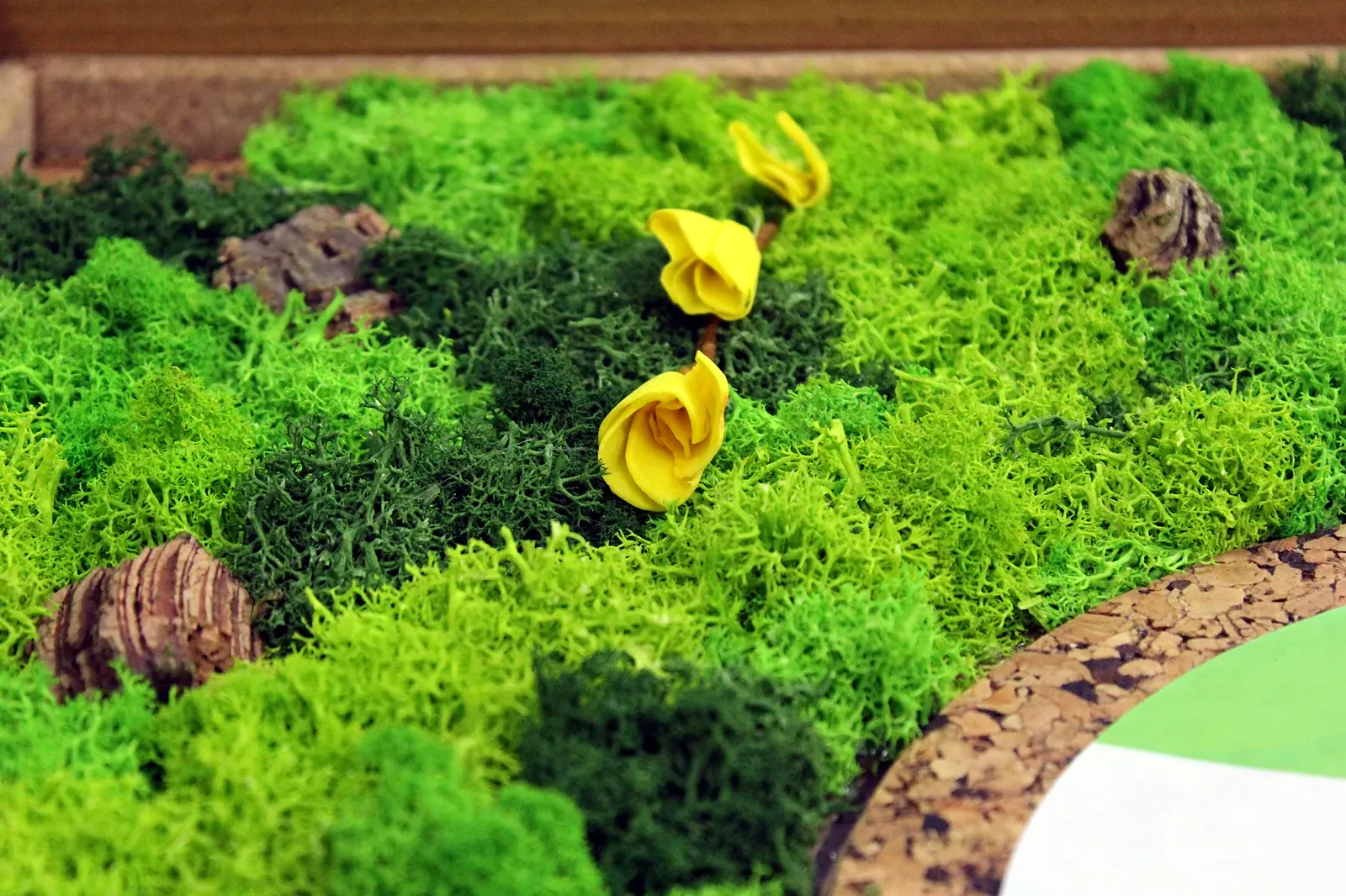 Close-up of reindeer moss in three greens with yellow dried flowers and bark
