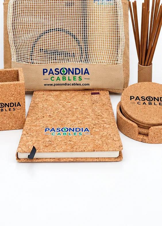 The cork notebook and coaster set, mark pressed in