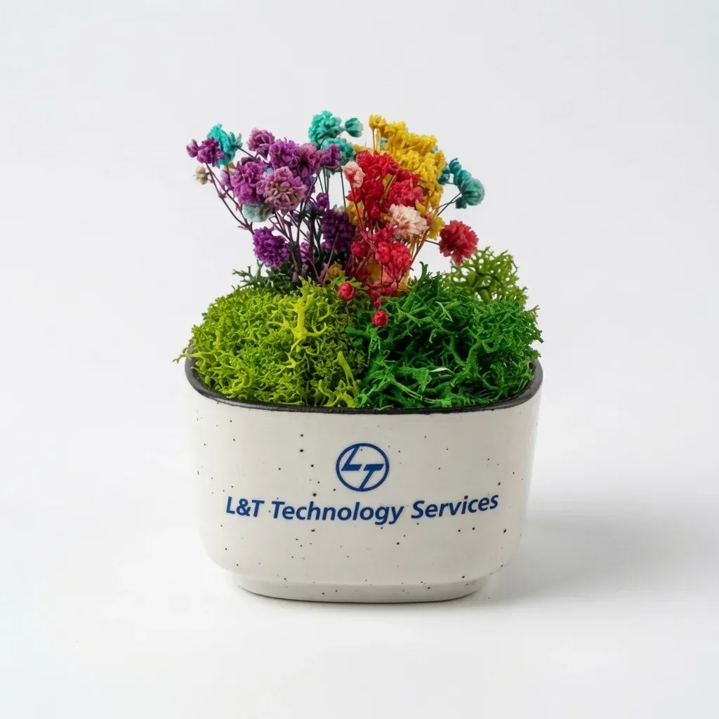 A ceramic bowl of preserved moss and dried flowers with the client’s mark