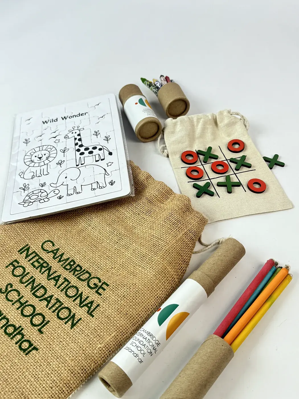 A kit with a colouring puzzle and crayons