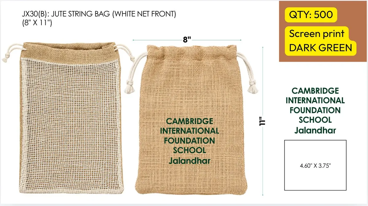 The artwork sheet for the jute bag, with its size and print colour