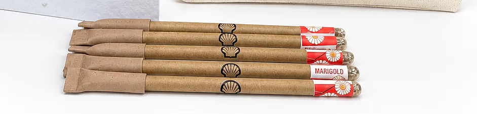 Four seed pencils in kraft sleeves, the pecten in black, the seed named in red