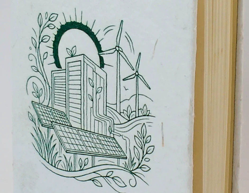 Original green linework printed on handmade seed-paper notebook cover