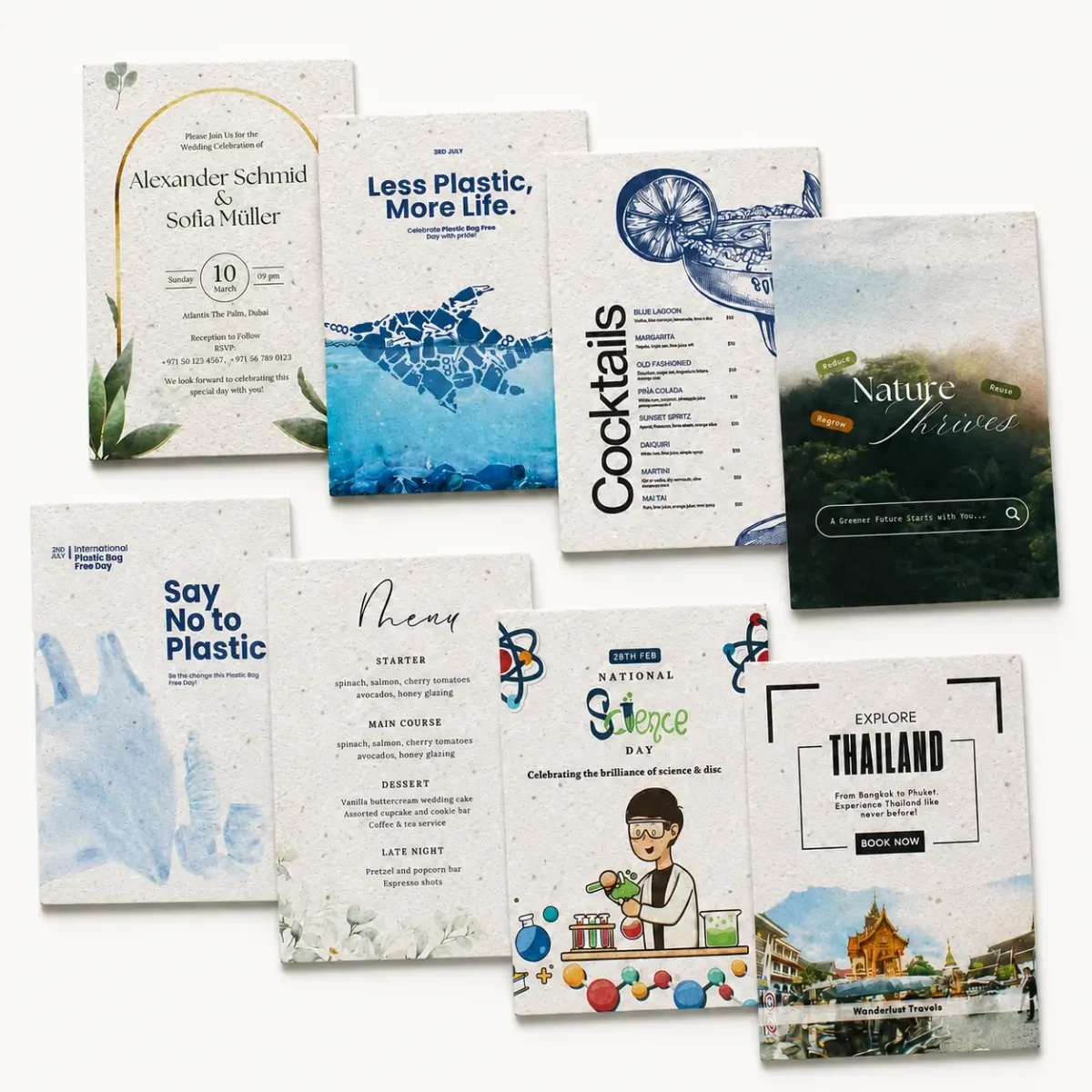 A range of seed-paper artwork: invitations, campaign messages and illustrated cards