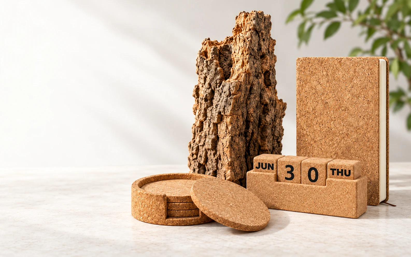 Styled cork diary, reusable calendar and coaster composition