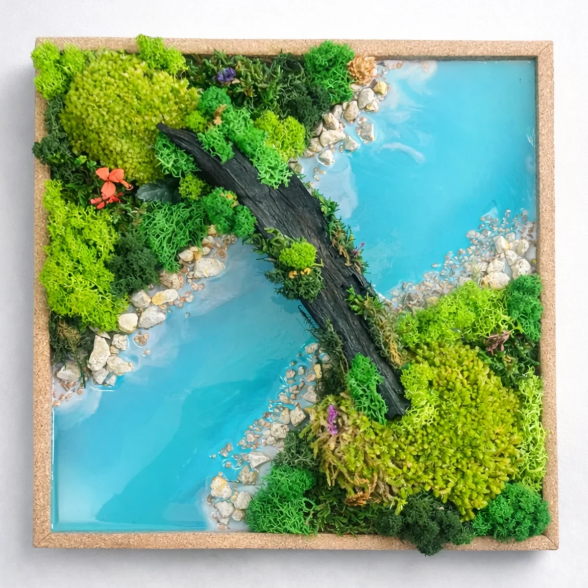 Cork frame combining preserved plants with turquoise resin-water art