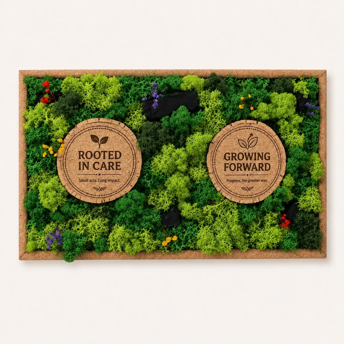 Wide cork forest frame with preserved plants, bark and message details
