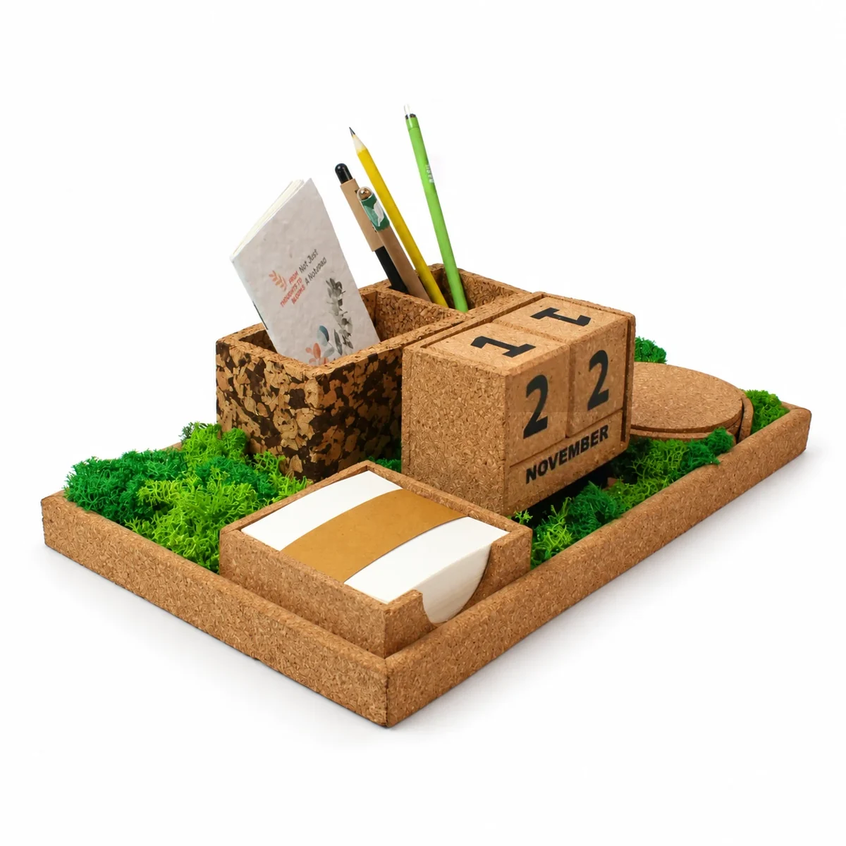 Cork Grove deskscape with organising pieces, a block calendar and preserved plants