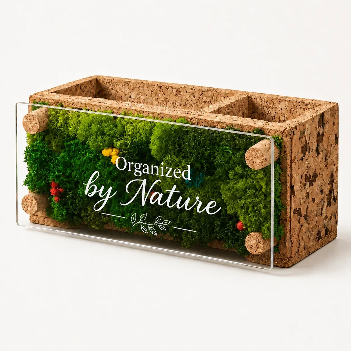 Cork desk organiser with real preserved plants