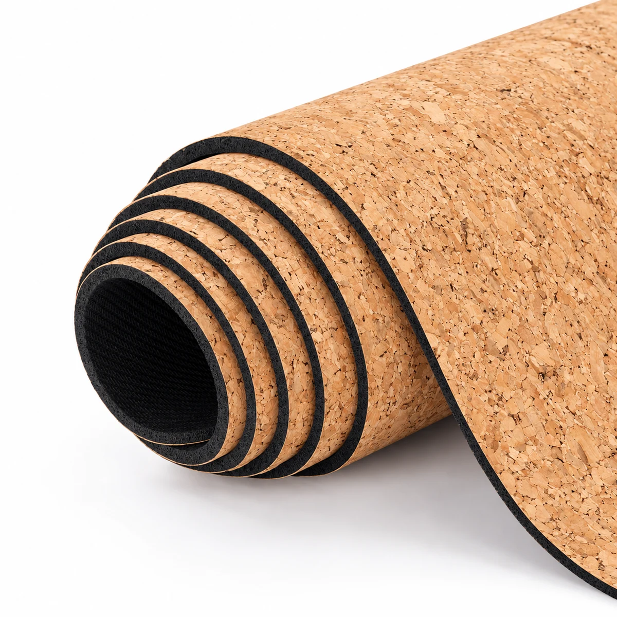 A rolled cork mat showing its surface and foam backing