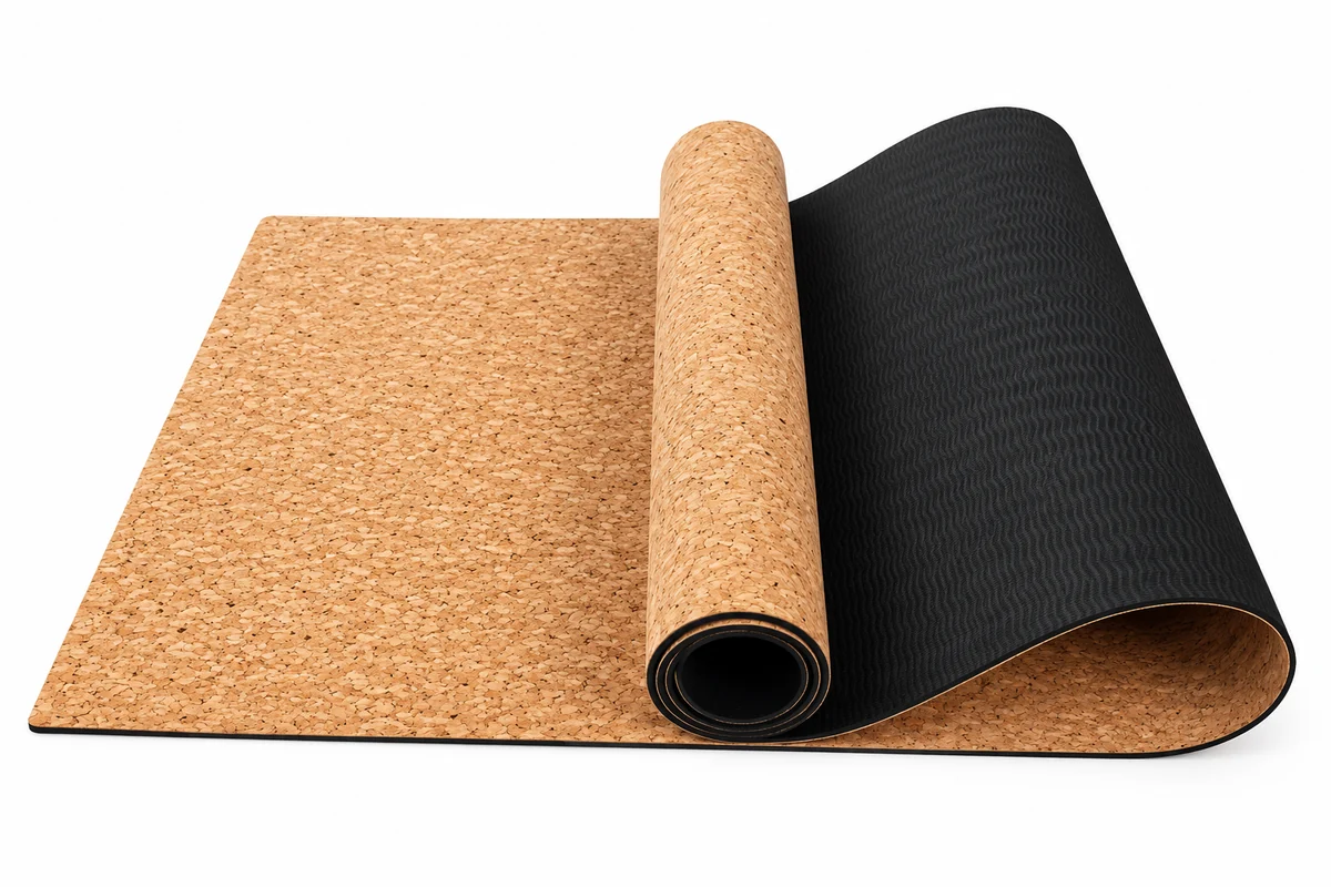 Thin cork yoga mat shown partly rolled