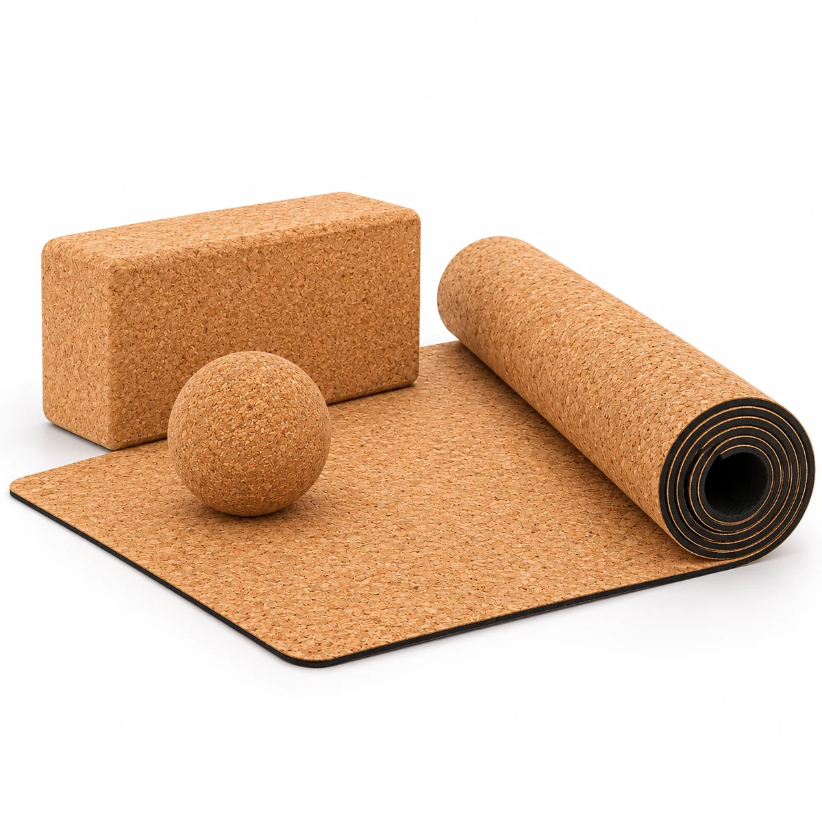 Cork yoga mat, block and ball arranged as a wellness product group