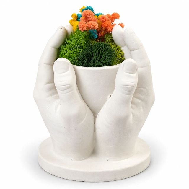 Cast white hands holding moss