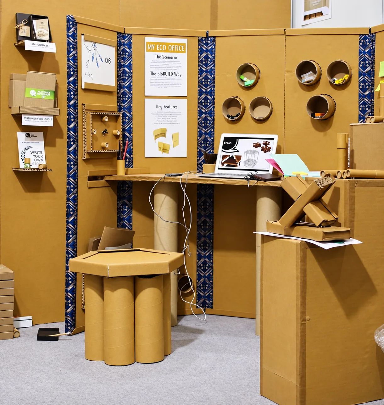 A cardboard office with a desk on paper-tube legs, hexagonal stools and pinboards