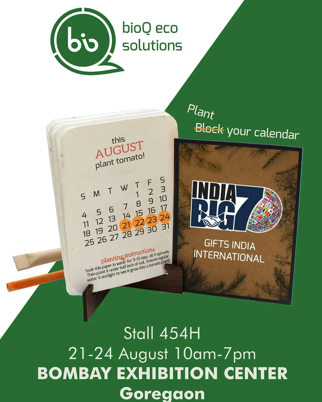 Invitation: plant your calendar, with a seed-paper calendar, stall 454H, Bombay Exhibition Centre, 21 to 24 August