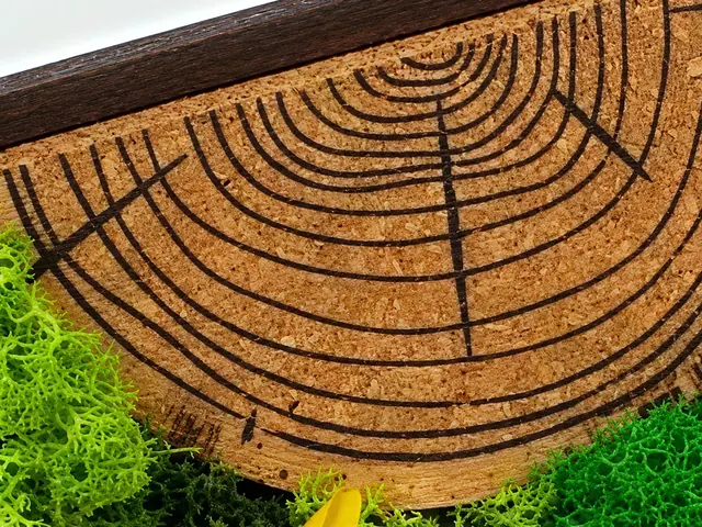 Tree rings engraved on cork beside preserved moss, close up