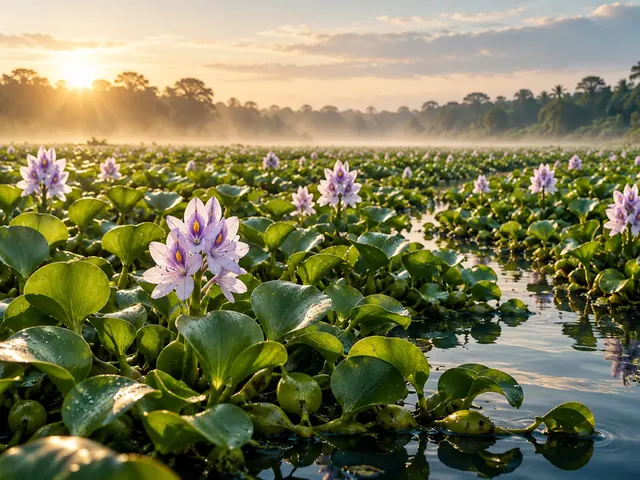 Water hyacinth in flower across a lake at sunrise