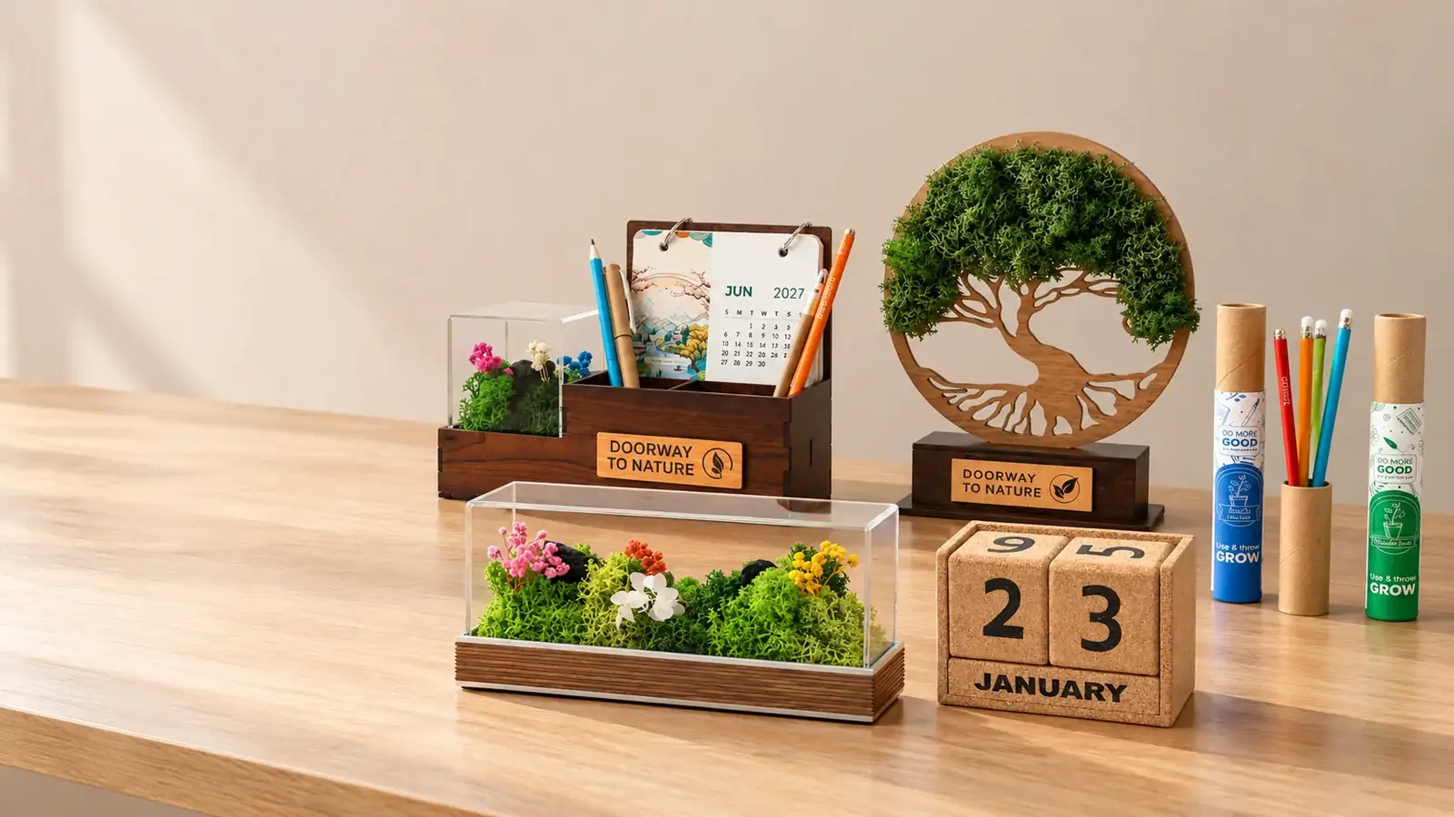 A wooden desk with a terrarium of preserved plants, a tree-shaped award, a pen stand and a wooden calendar