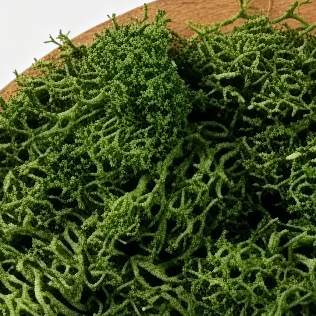 Close-up of the dense, curly preserved moss of the canopy against the wooden ring