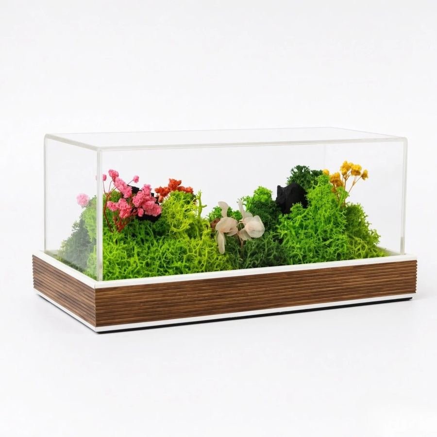 A forest terrarium of preserved plants under a clear cover