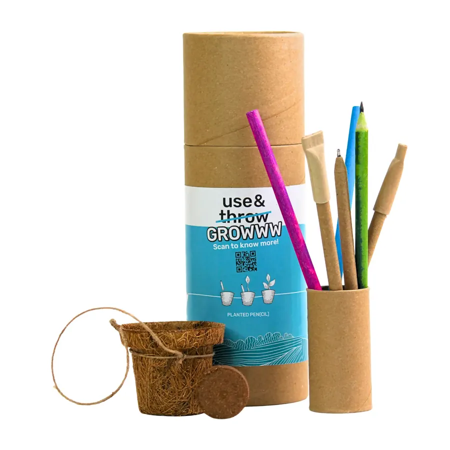 bioQ grow kit with pot, pencils and paper tube