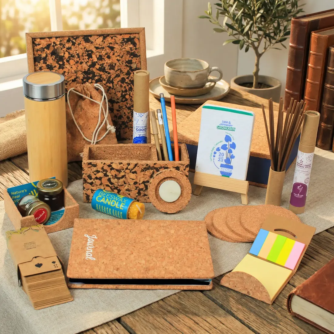 Curated bioQ corporate gift set with cork and stationery products