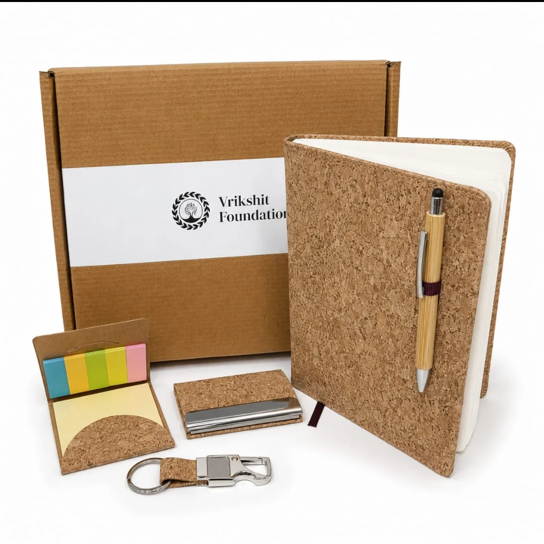 Cork stationery gift box with notebook, pen and desk accessories