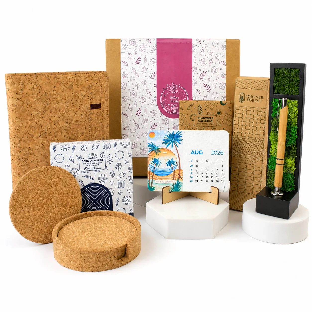 Curated bioQ desk gift set with cork, calendar, pen, coasters and preserved botanical element