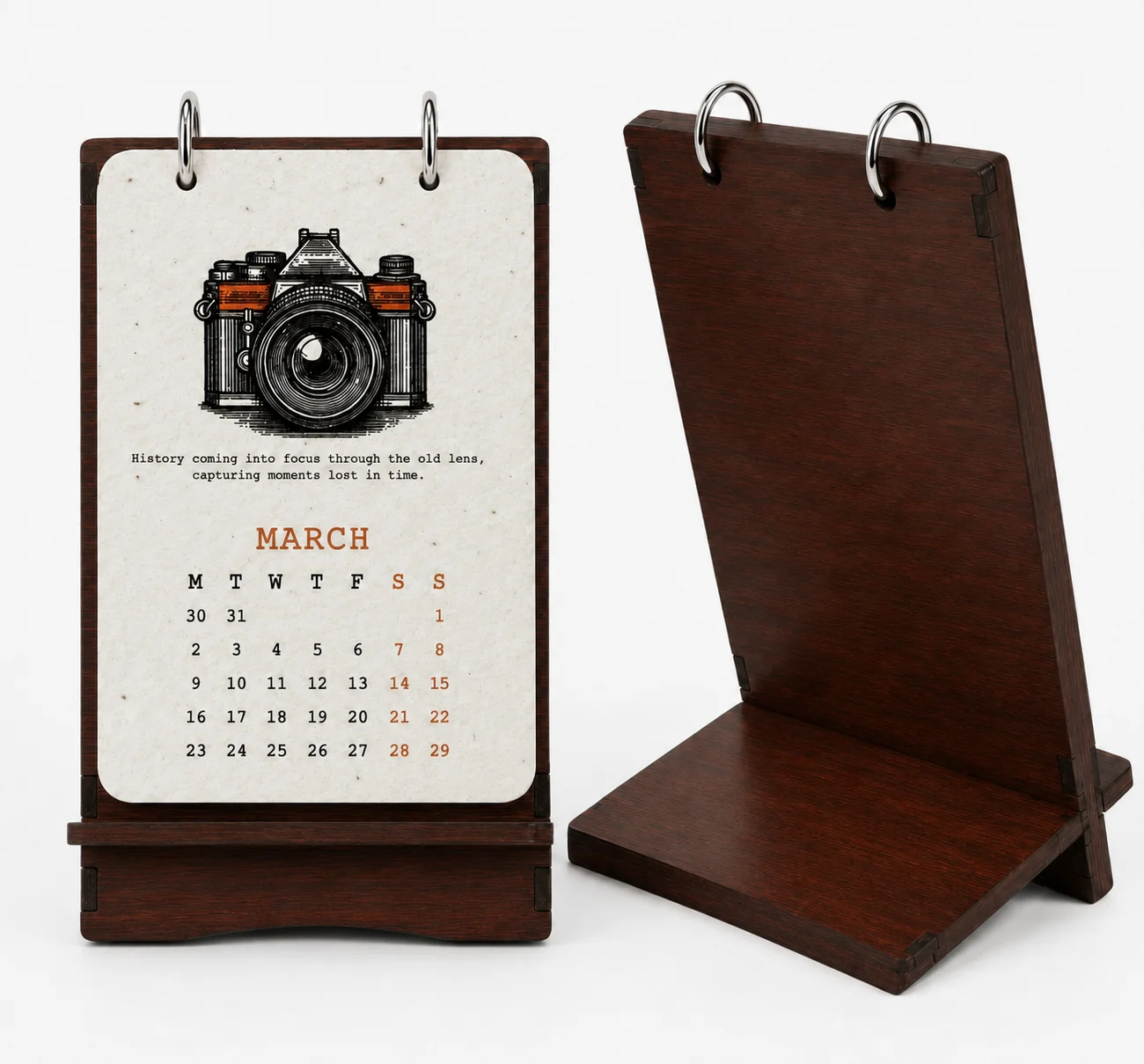 Plantable bioQ desk calendar displayed on a small wooden easel